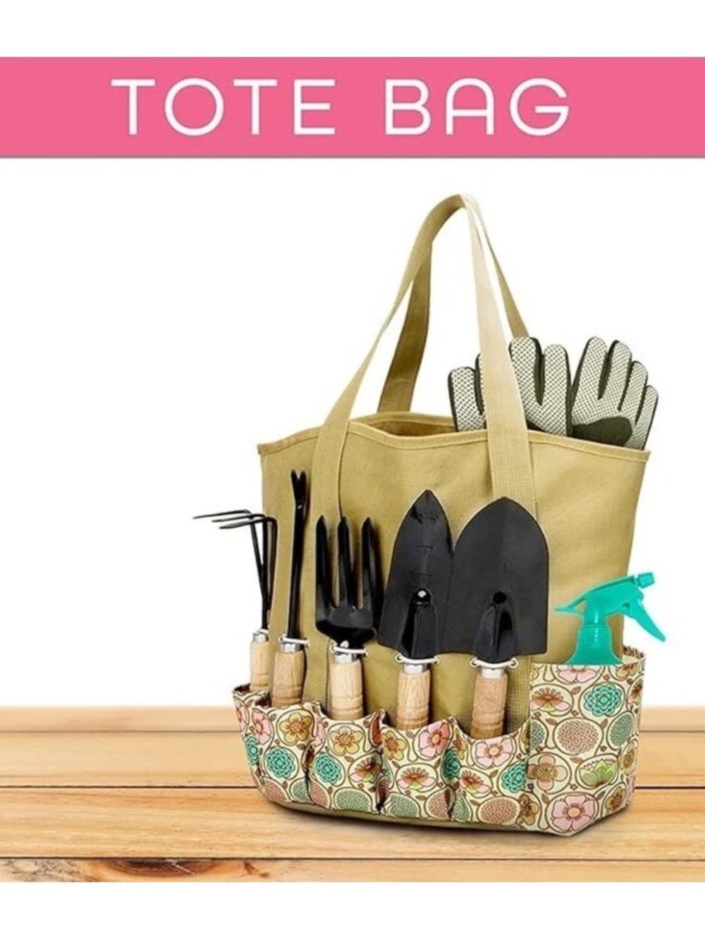 Canvas Garden Tote Bag in Khaki with Floral Tool Organizer